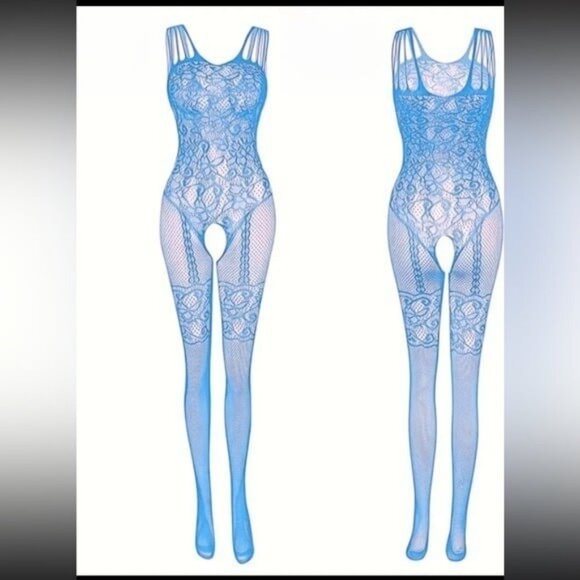Blue Hollow Out Pattern Fishnet Bodysuit - Picture 8 of 9